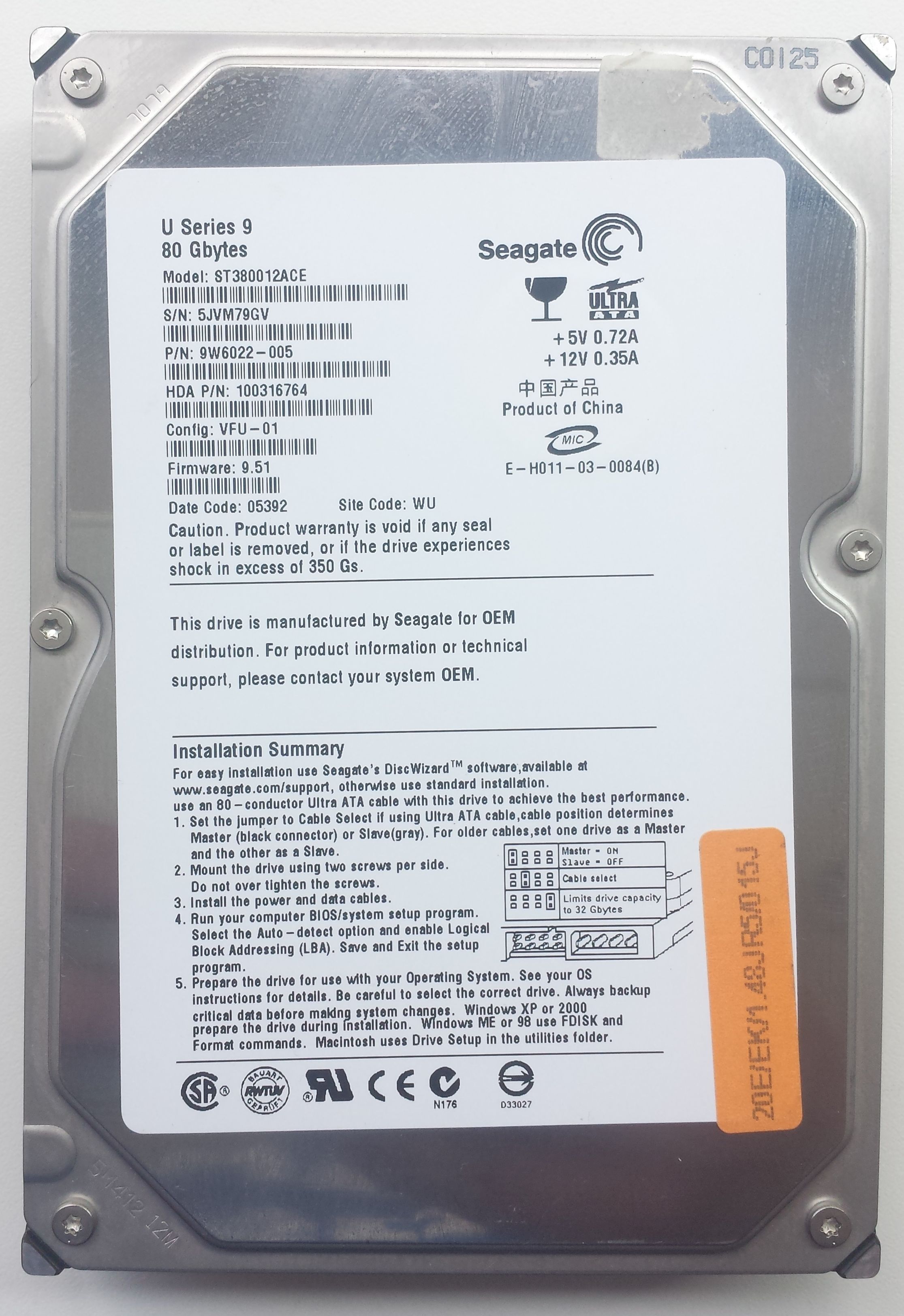 HDD PATA/100 3.5" 80GB / Seagate U Series 9 (ST380012ACE)